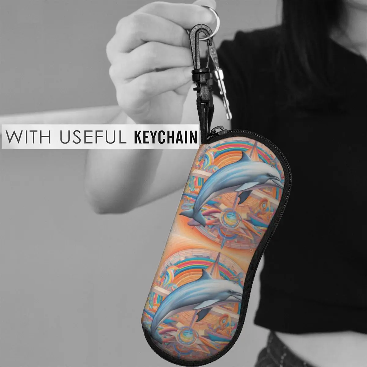 

Dolphin Vertical Glasses Case Pencil Art Colored Cartoon Male Female Zipper Sunglasses Pouch Retro Pocket Eyeglasses Box
