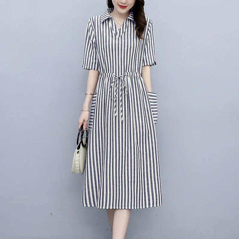 

Korean Dress Womens Elegant Vintage Striped A-line High Waist Femme Retro Office Lady Chiffon Short Sleeve Drawstring Dresses