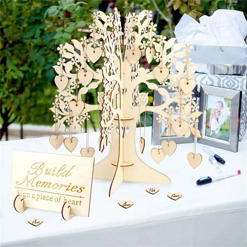 

100pcs Hearts Personalized Wedding Guest Book Tree Wooden Hearts Pendant Drop Box Ornaments Guest Book Wedding Party Decor #G2