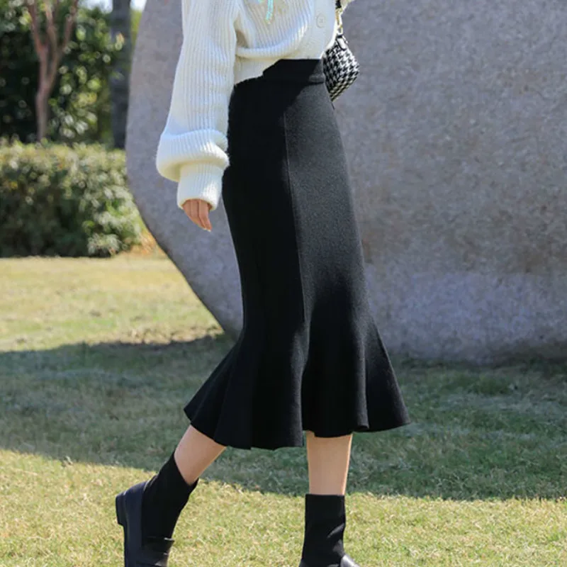 

Skirts Women Spring Autumn Trumpet Korean Style Elegant Trendy Mermaid Bodycon Ruffles Mid-calf Female Bottom Ulzzang Jupe Solid