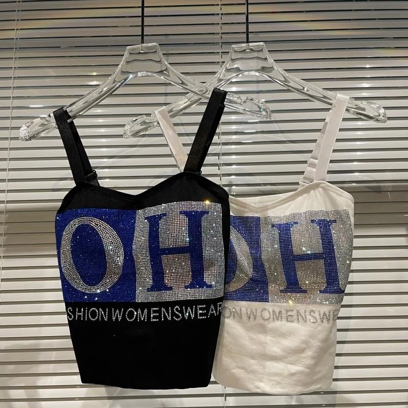 

Новинка 2022, дизайнерские облегающие топы без рукавов с надписью стразы, женский укороченный топ GC173
