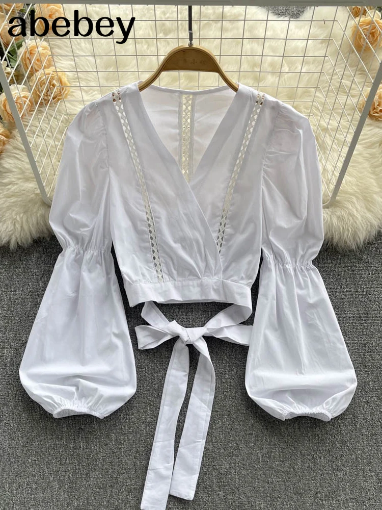 

Summer Folds Lace Blouse Women V Neck Long Lantern Sleeves Korean Sweet Tops Streetwear Vintage Loose Blouses