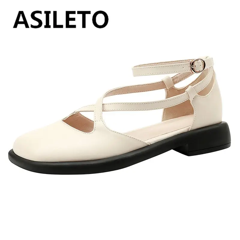 

ASILETO Ladies Sandals Square Cap Toe Flats Ankle Buckle Crossover Strap Big Size 34-42 Solid Black Beige Casual Shoes S3912