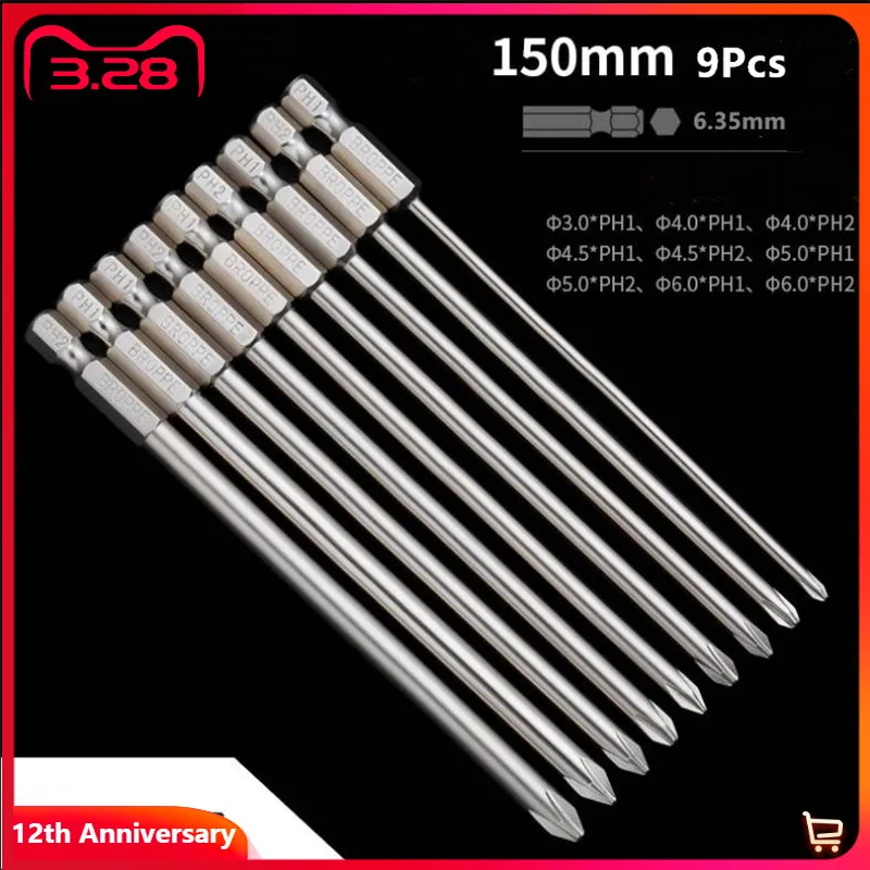 

9Pcs Magnetic Phillips Electric Screwdriver Bit 150mm 1/4" Hex Shank S2 Alloy Steel Cross Head Screwdriver Bit Power Driver Tool