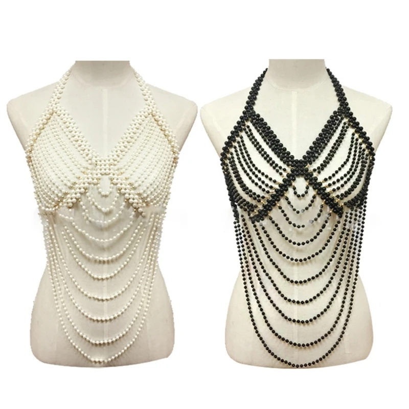 

F42F Sexy Hollows Out Waist Chain Pearls Inlaid Vest Tassel Chain Connected Top Hangings Jewelry Harness Halter y2k Sreetwear