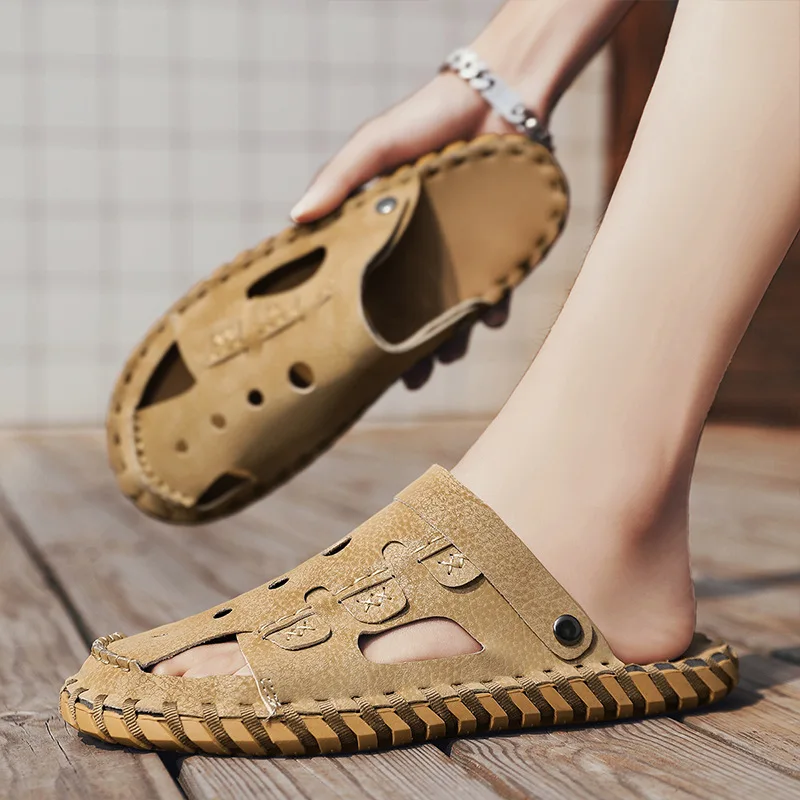 

Men's Summer Casual Flats Beach Sandals Slippers Mens Soft Sole Non Slip Breathable Outdoor Shoes Men Leather Sandals
