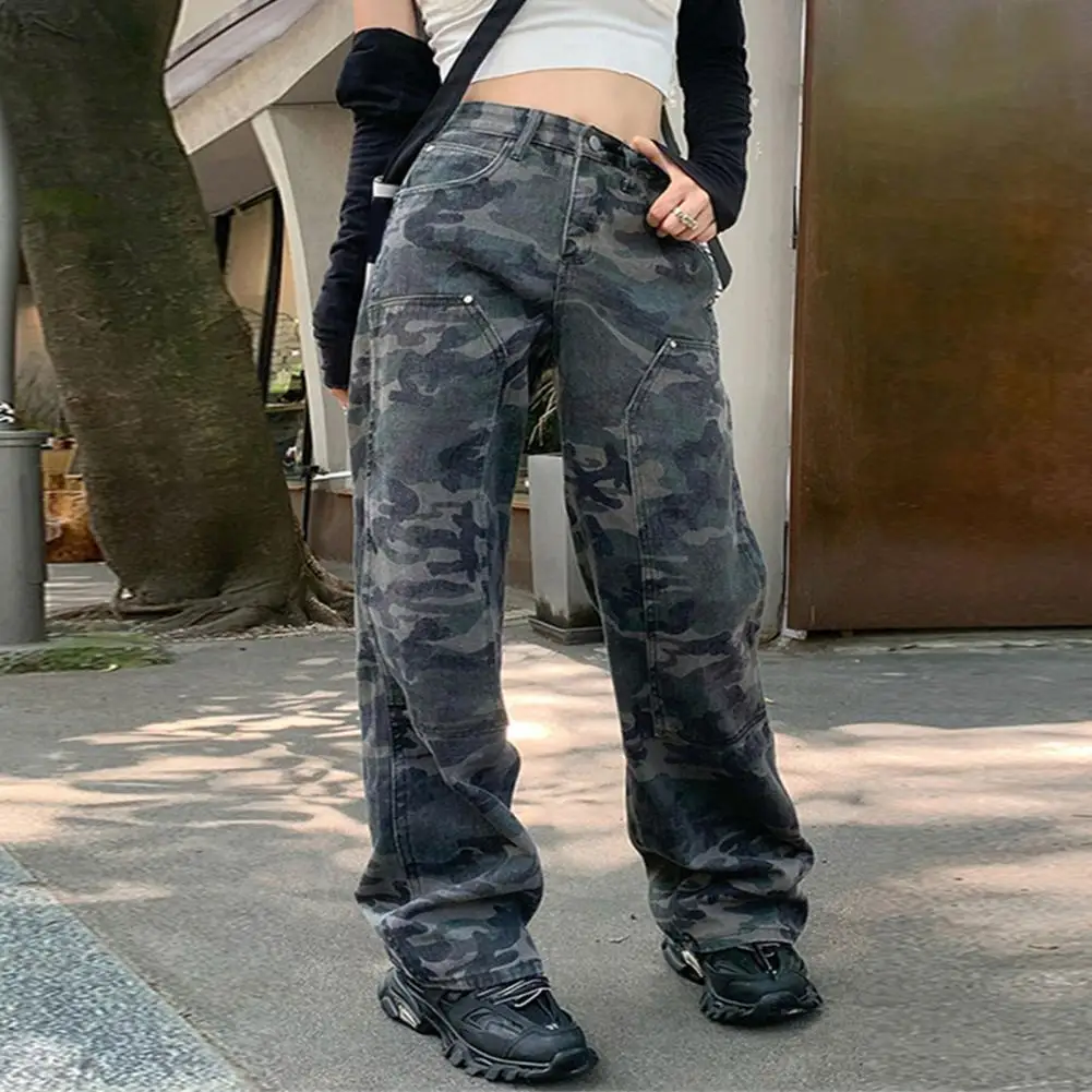 

Женские джинсы с завышенной талией, прямые брюки из денима на молнии с множеством карманов и камуфляжным принтом, уличная одежда