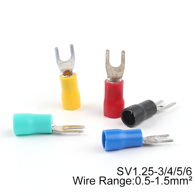 

100pcs SV Crimp Terminal Spade Fork Connector Wire Copper Crimp Connector Insulated Cord Pin End Terminal SV1.25-3 4 5 6