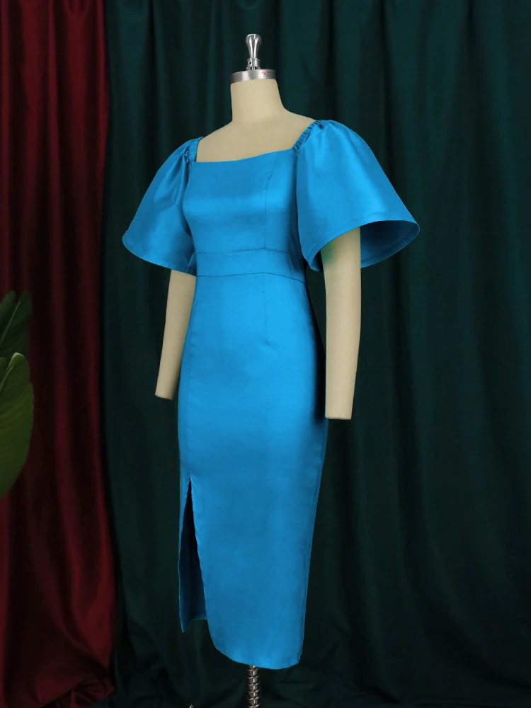 Женское Короткое облегающее платье миди с большими рукавами-фонариками и