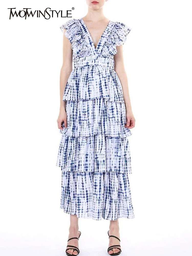 

TWOTWINSTYLE Casual Print Patchwork Cascading Ruffle Dress For Women V Neck Sleeveless High Waist Dresses Female 2022 New Style