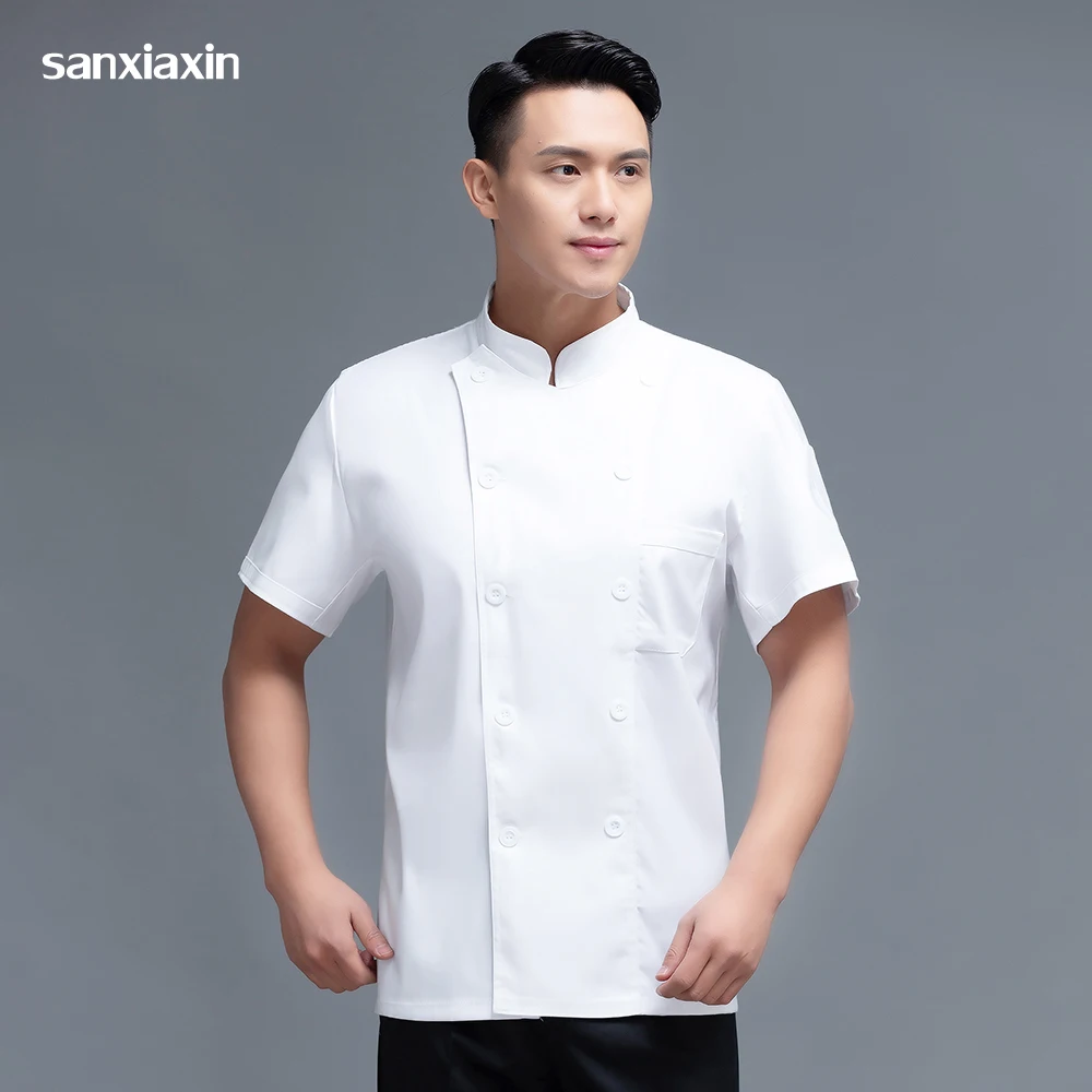 

Double-breasted Cooking Uniform Working Clothes Restaurant Chef Jacket Female Short Sleeved Chef Uniform Men's Catering Overalls