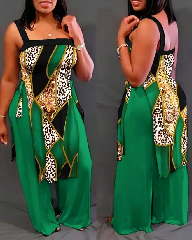 

Summer Women's Suit Fashion Baroque Leopard Print Slit Sleeveless Asymmetrical Top & Fashion Wide Leg Pants Set Street wear Y2K