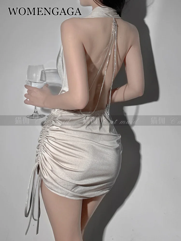 

Соблазнительное металлическое платье TVVOVVIN с цепочкой с кристаллами, с открытой спиной, с бретелькой через шею, тонкое горячее пикантное мини-платье, Модный корейский женский милый топ на шнуровке 04MX