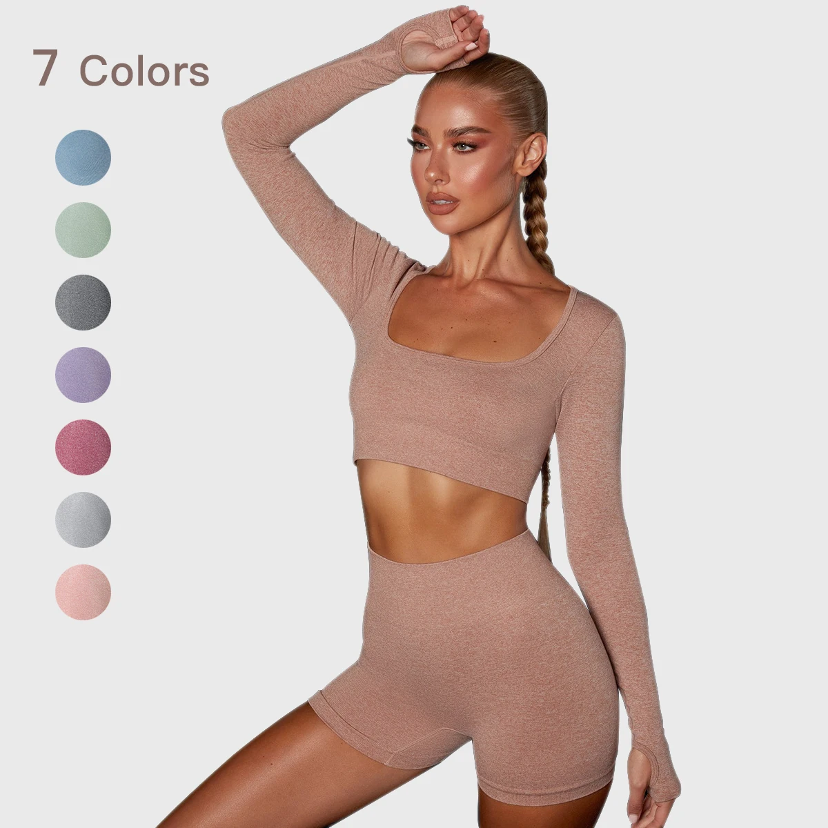 

Seamless Women Yoga Set Square neck low cut Gym Clothing Fitness Long Sleeve Crop Top High Waist Leggings Sports Suits