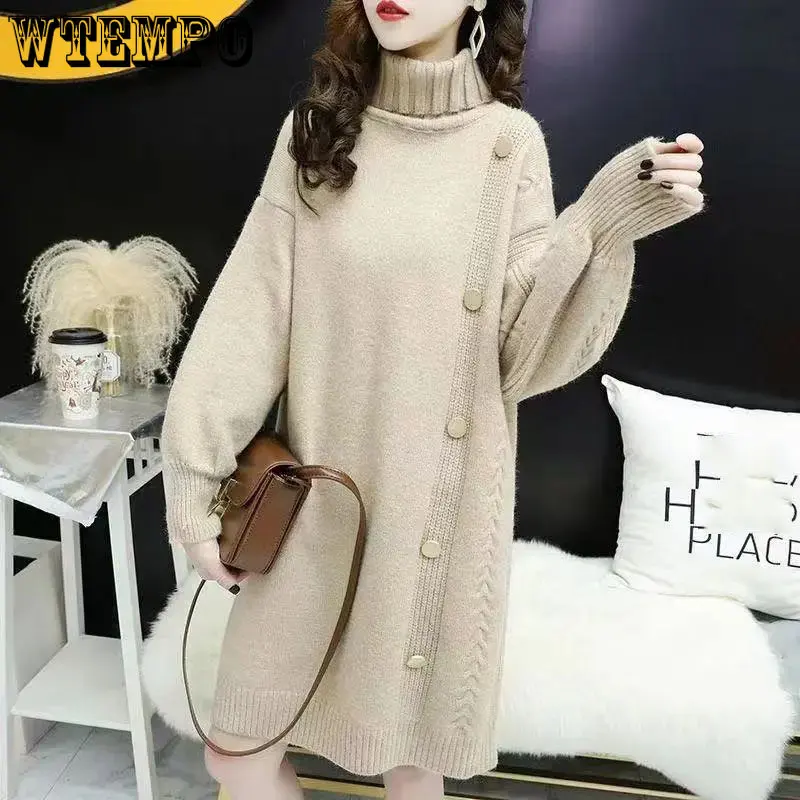 

Turtleneck Thickening Women Sweater Loose Length Knitting Dress Warm Pullover Bottoming Shirt Retro England Style Autumn Winter