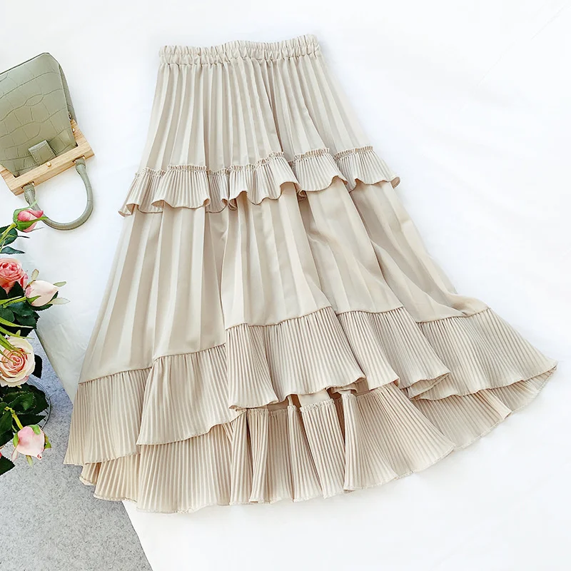 

Ship Drop Spring Autumn Women Irregular Pure Color Falbala Skirts Female Fashion Sweet Pleated Skirt Beige White ,grey ,black