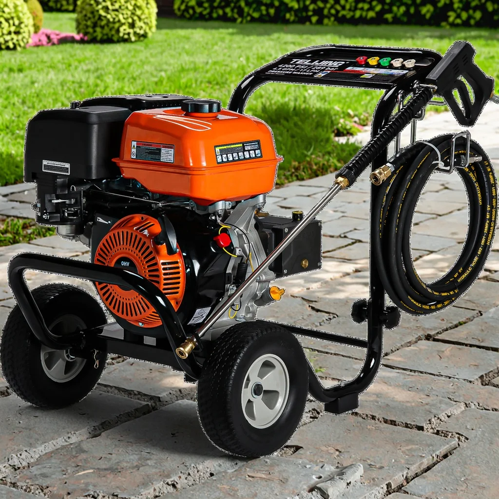 Фото Мощная мойка высокого давления AR Pump 4200PSI с двигателем TJ190F, 15-метровым шлангом, на колесах, беспроводная, для очистки складских погрузочных доков №3