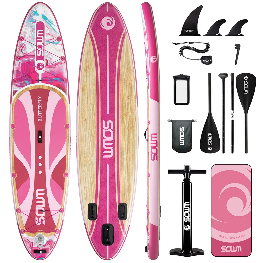 Фото Надувная доска для паддлбординга SOWM Pink Waterproof SUB 11''x33''x6'' для взрослых, для стоячего использования, для рыбалки на воде, с аксессуарами, SUP №2