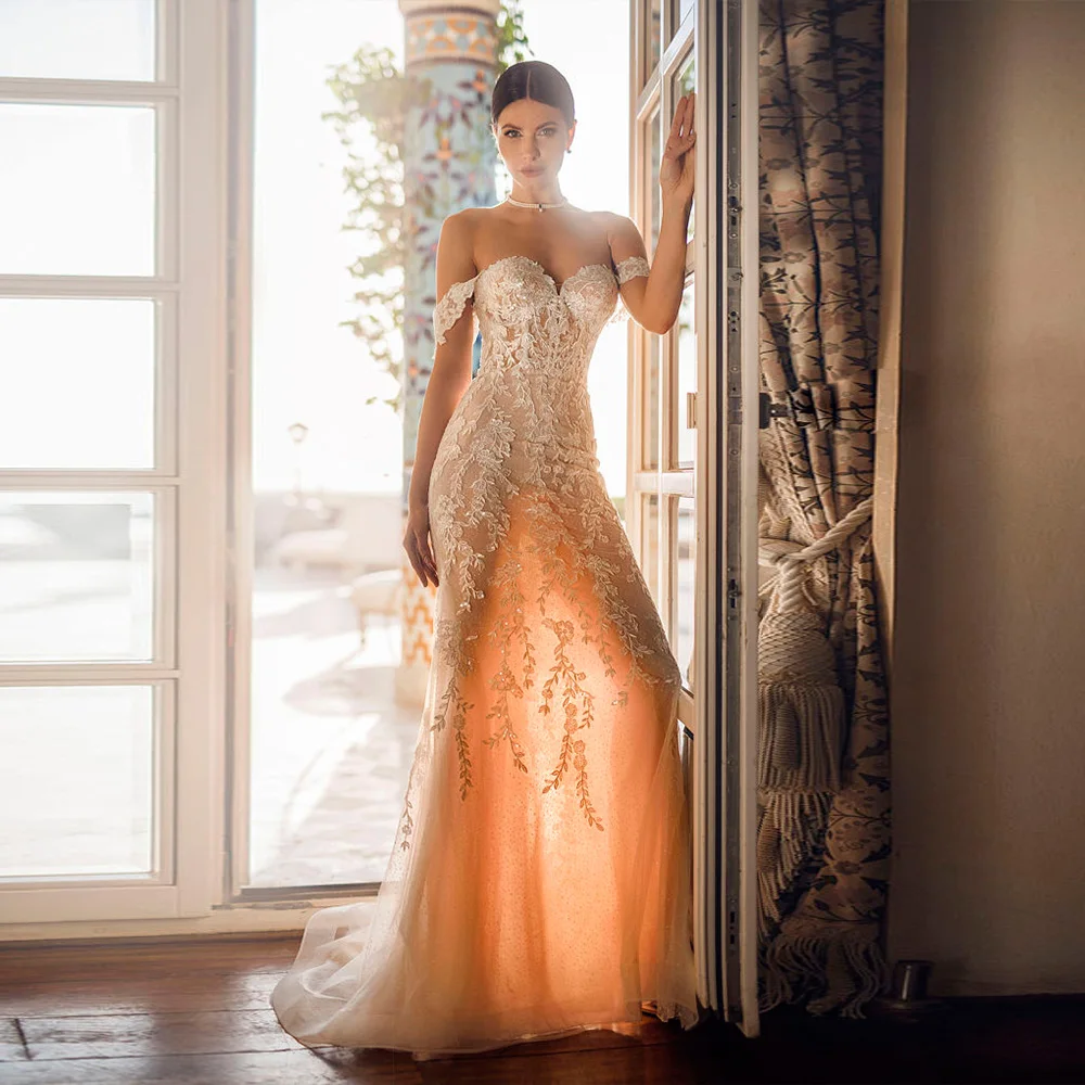 

Boho Exquisite Wedding Dresses Off Shoulder Sweetheart Neck Sweep Train Applique Corset Back Bridal Gown Vestido De Novia Custom