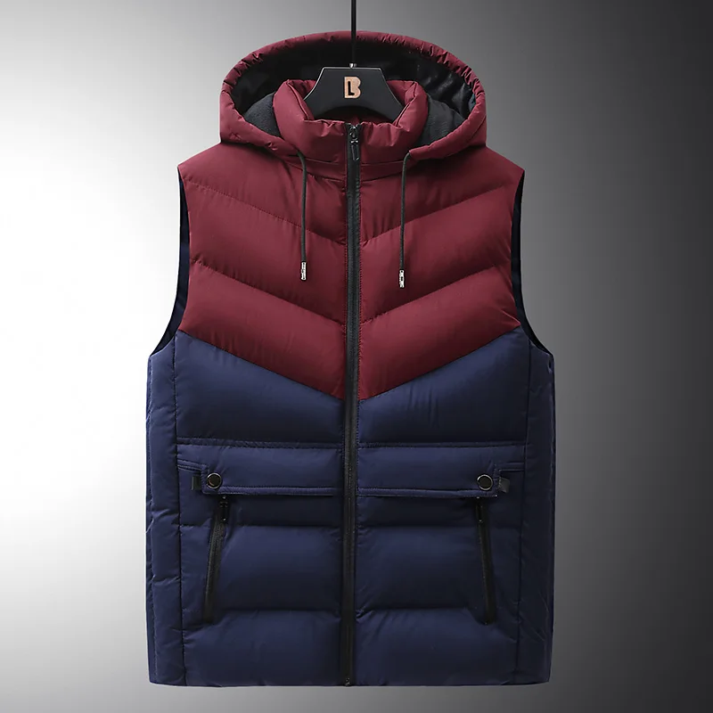 

Vest Mens Winter Casual Outerwear Warm Hood Jacket Down Vest Men Sleeveless Waterproof Patchwork Jackets Parkas Vests Men 6XL