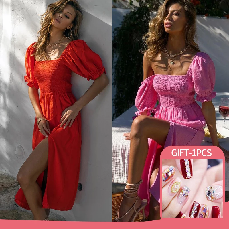 

2022 Summer Women Puff Sleeve Midi Dress Sexy Backless Slit Solid Beach Party Dresses Casual Patchwork Casual Elegant Dress