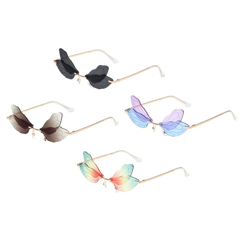

Солнцезащитные очки без оправы для мужчин и женщин, нестандартные градиентные солнечные аксессуары в вечерние ле Ретро, с волшебными крыльями и стрекозой, для вечерние, 4 пары