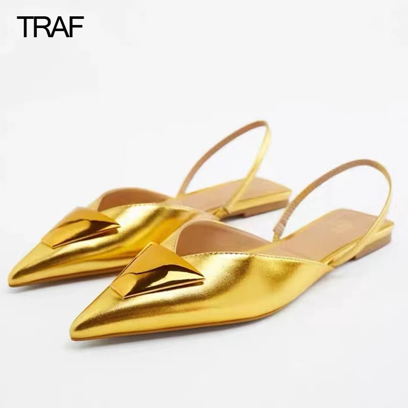 TRAF Flat Gold Shoes Women Sandals Elegant Casual Mules Pointe Slingback shoes luxury Woman Spring Summer New 2022 Party Sandals