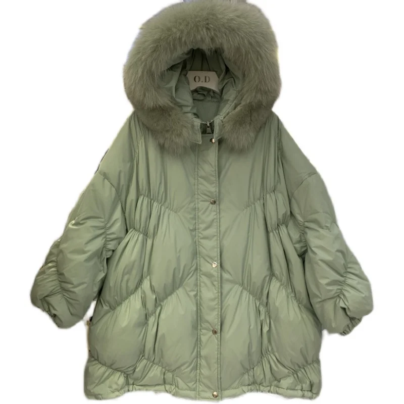 Thick down Jacket Women's Mid-Length Korean-Style Loose Hem Waist-Tight Big Fur Collar White Duck down