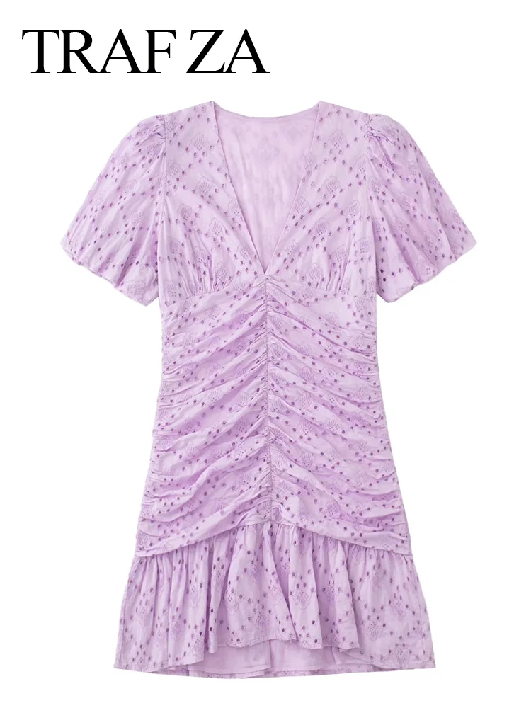 

TRAF ZA Elegant Solid Color Purple Hollow Dress Puff Sleeve V-Neck Tight Pleated Cotton Drape Ruffle Hem Short Chic Dress Women