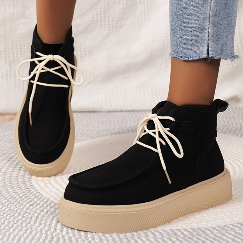 

Retro Thick Bottom Short Boots Women 2023 Autumn Lace Up Platform Ankle Boots Woman Plus Size Side Zip High Top Vulcanized Shoes