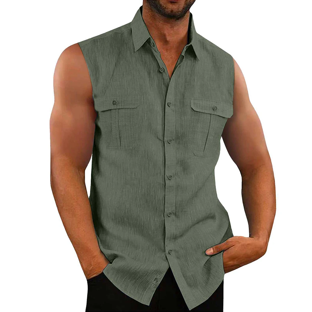 Leisure Men's Cotton Linen Tank Tops Spring Summer Casual Solid Color Buttoned Lapel Sleeveless Vest Shirt Fashion Camisole