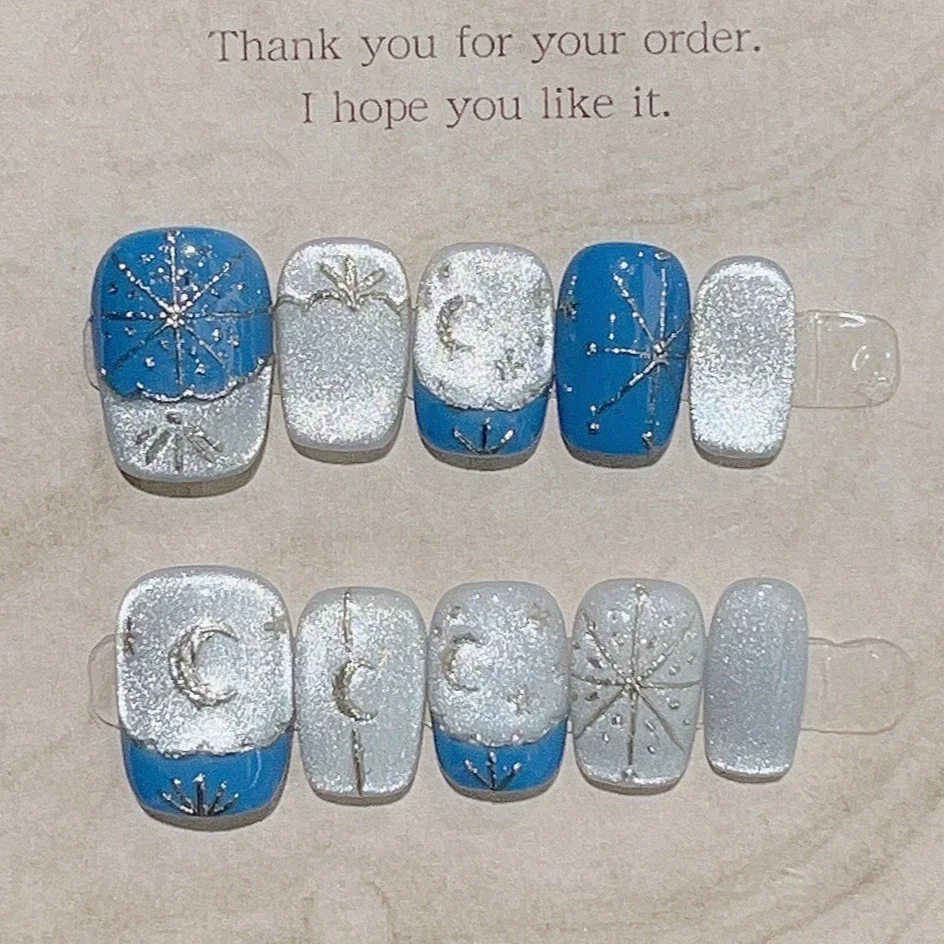 10 шт. милые синие ногти ручной работы полное покрытие дизайн кошачий глаз для