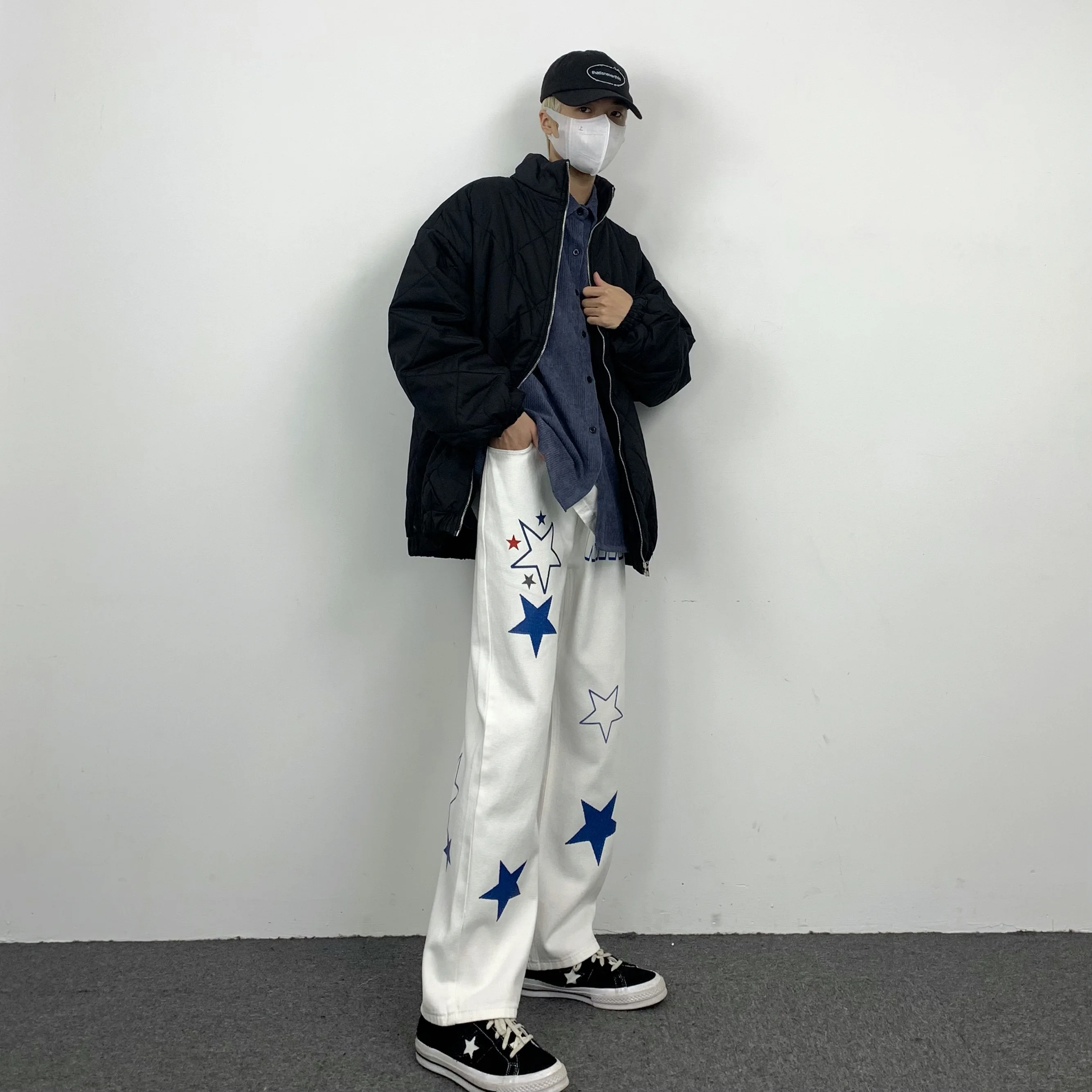 Men's Jeans Ins American Hip Hop Blue Pentagram Casual Loose Jeans Men and Women Trousers Y2k Pants Ins Hot Sale Printed Jeans