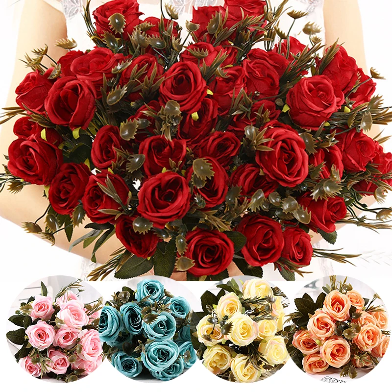 

Beautiful Rose Artificial Silk Plastic Flowers Small Bunch Home Party Spring Wedding Party Decoration Fake Flower Bouquet