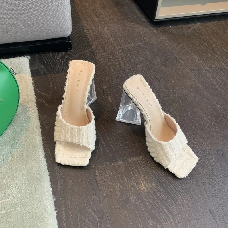

Female Shoes Slippers Heels Slides Fashion Low Square heel Jelly Flip Flops 2022 High Luxury Block Glitter Rome Fabric PU Rubber
