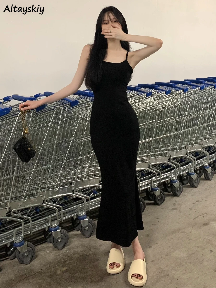 

Sleeveless Dress Women Temperament Sweet Medium-long Simple Summer BF Trumpet Sexy Slash Neck Korean Style Tender Elegant Summer