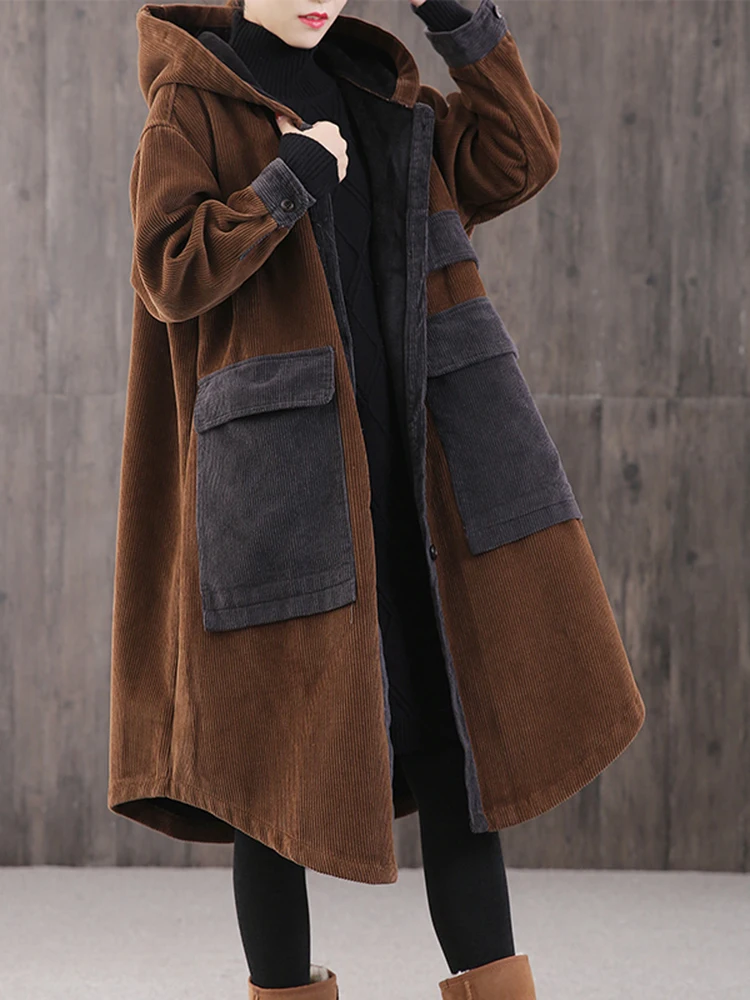 

Ladies Fashion Corduroy Jacket Big Pocket Plus Cotton Thick Hooded Coat Female Autumn Winter Loose Casual Long Parka Outwear