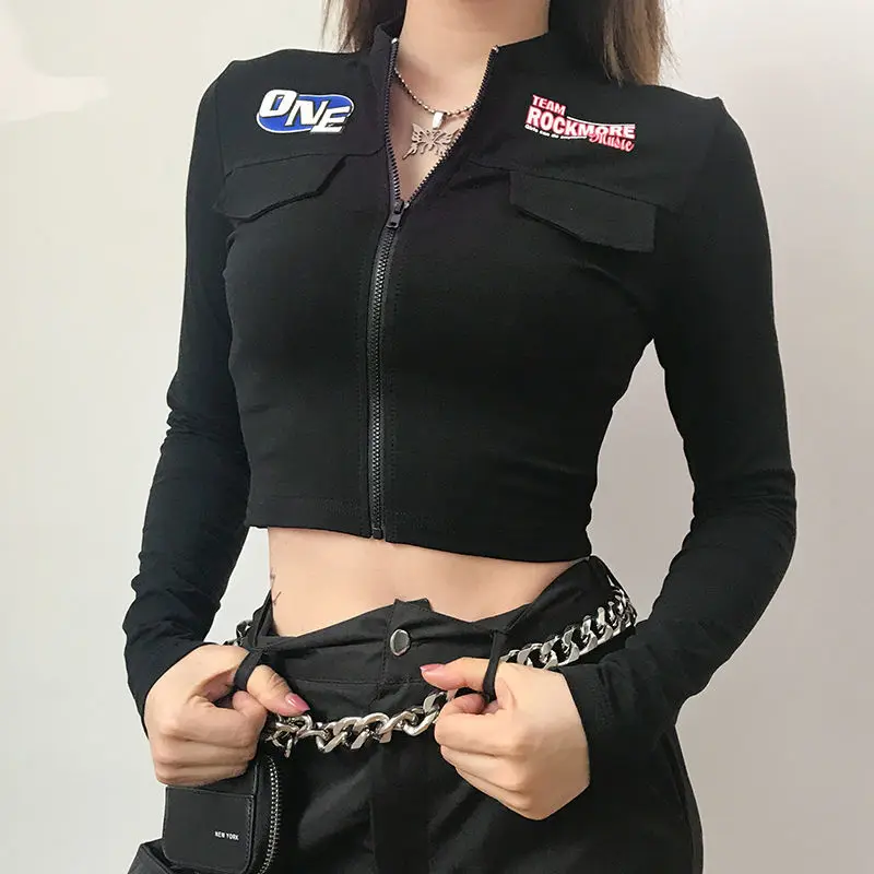 

Spring Autumn One Piece Black Shirt Zip-Up Crop Top Cool Girl Streetwear Woman Clothes Long Sleeve Women's T-Shirts Sports Tops