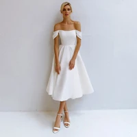 short wedding dress white off shoulder a line simple wedding gown for women tea length backless midi bridal dresses satin 2022