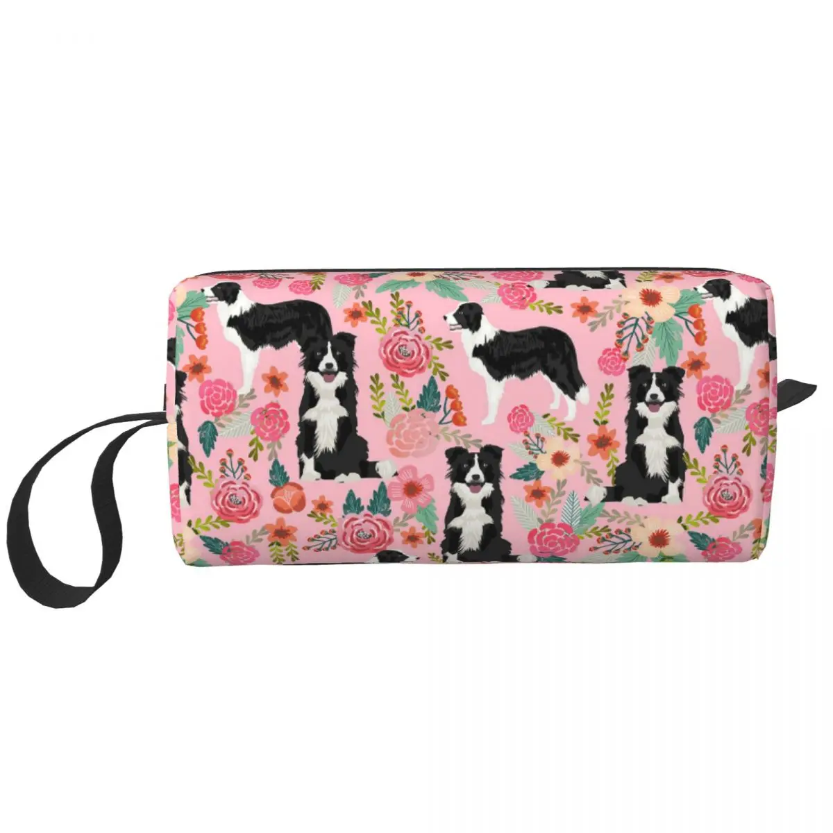 

Border Collie Pink Floral Dog Makeup Bag Pouch Animal Cosmetic Bag Travel Toiletry Bag Organizer Storage Purse Large Capacity