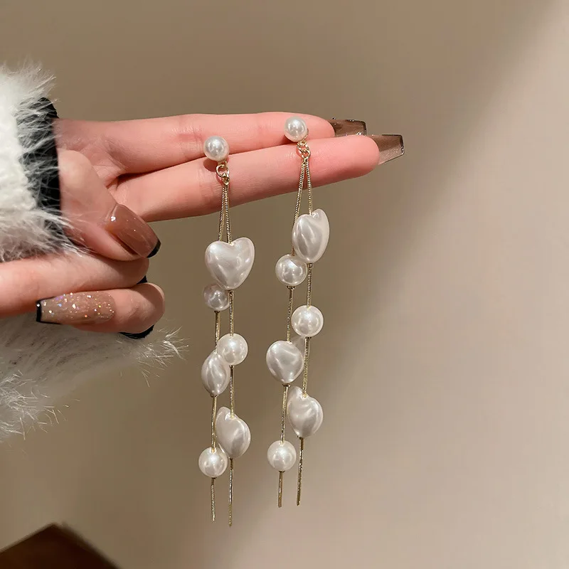 

New Handmade Simulated Pearl Heart Tassel Earrings For Women Fashion Jewelry Korean Jewelry Long Pendientes Mujer