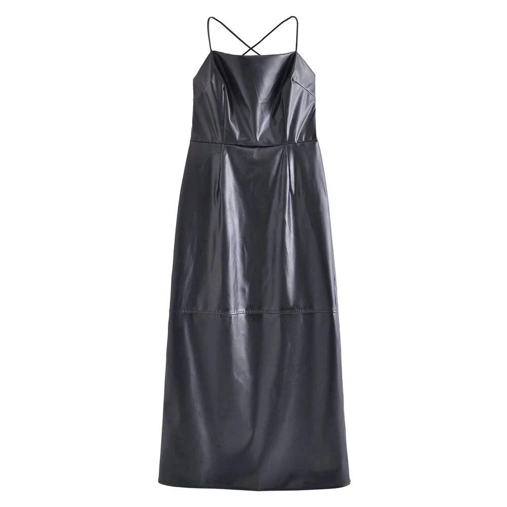 

Новинка лета 2022, шикарное модное платье на шнуровке из искусственной кожи на лямках, облегающее женское платье миди с открытой спиной и круж...