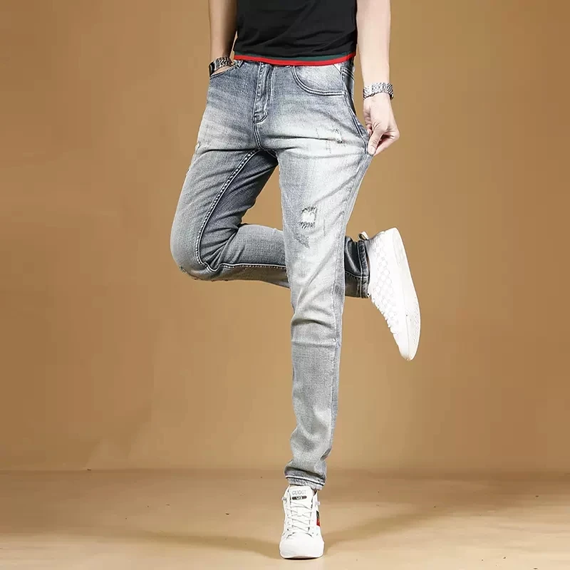 Light Blue Ripped Jeans Men Streetwear Slim Fit Straight Pants Casual Scratched Denim Trousers