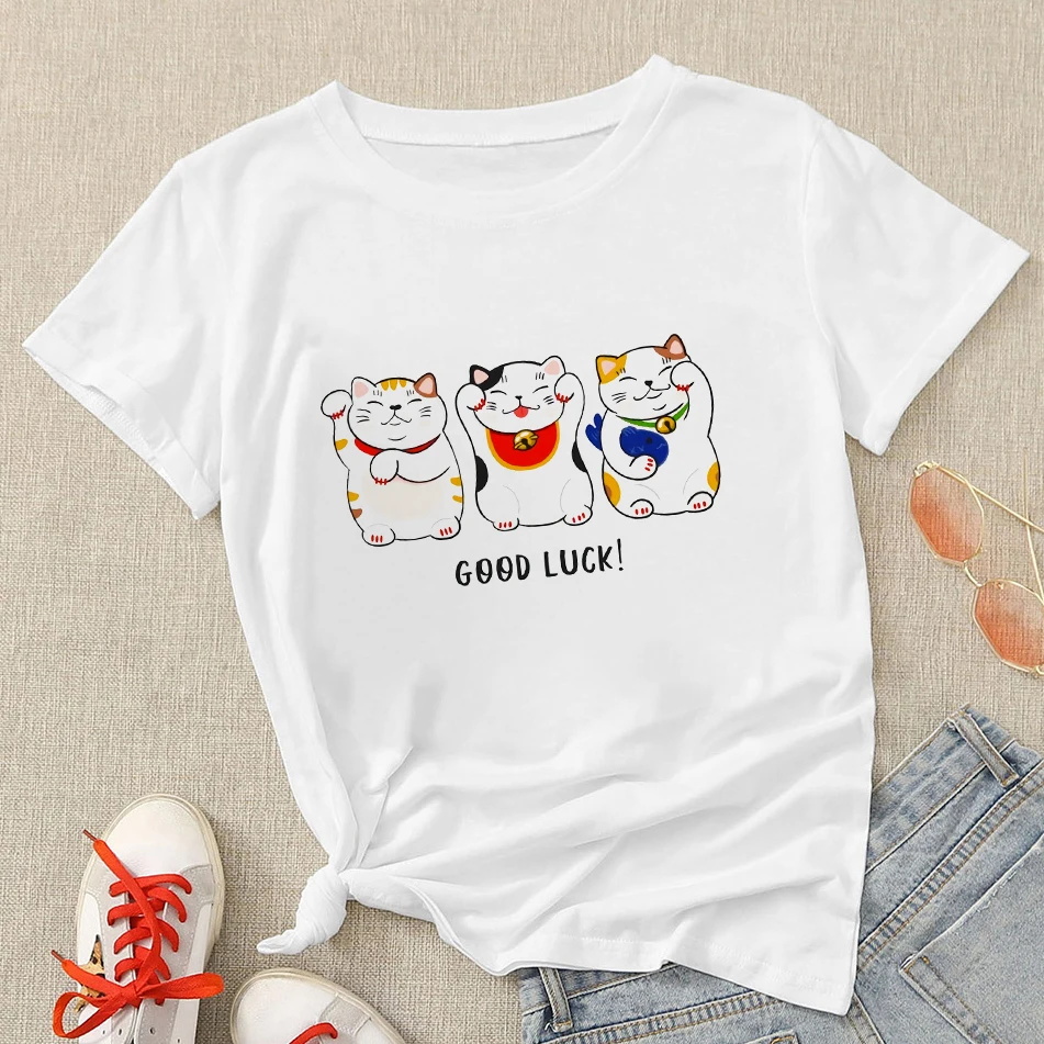 

Good Lucky New Women T-shirts Short Sleeve Women T Shirts White Print Unique Design Versatile Fit Mature Soft Fashion Tops Nich