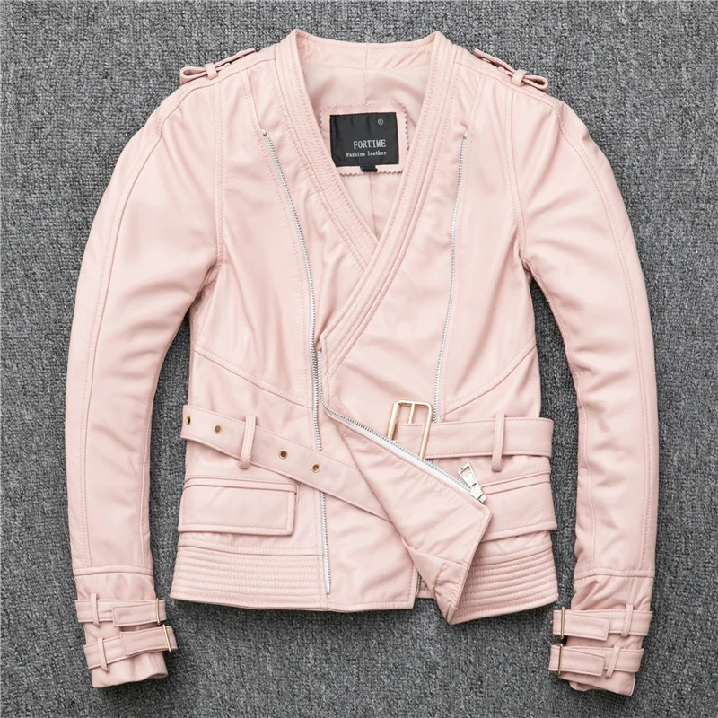 

women Free style shipping,Brand new leather coat.sales.fashion slim sheepskin jacket.street pink motor jacket.lady quality