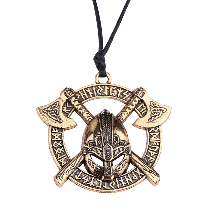 

Viking Runes Warrior Helmet Round Pendant Necklace for Men Battle Warrior Axe Logo Pendant Rope Chain Retro Jewelry Gift