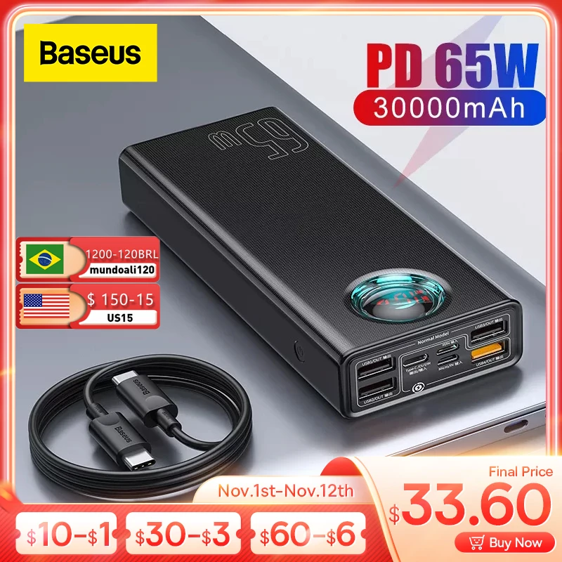 Najtaniej Baseus Power Bank 30000mAh Type-c PD 3.0 Szybka ładowarka Do Iphone'a Szybkie ładowanie 3.0 Zewnętrzna Bateria Powerbank Do Xiaomi Samsung