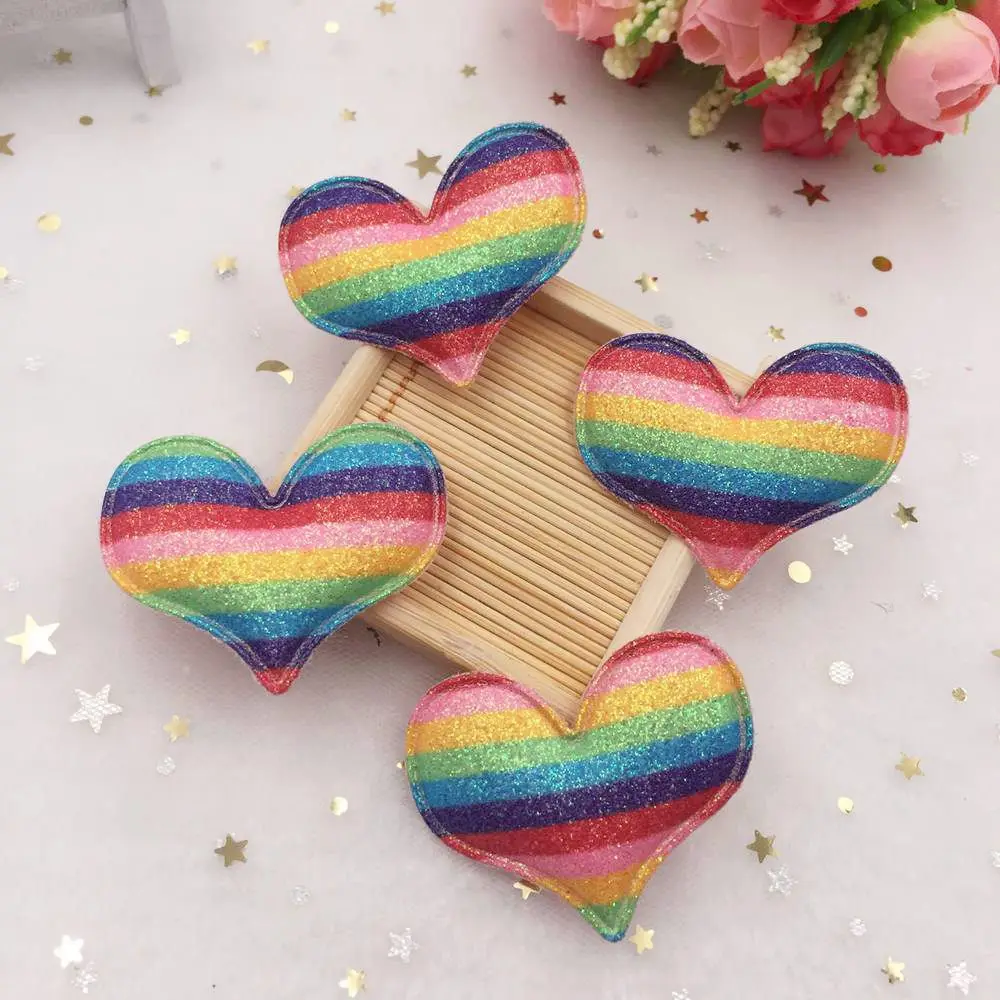 8pcs Glitter Bepowder Padded Fabric Pretty Rainbow Heart Appliques Wedding Patches DIY Hair Clip Accessories Craft Supplies