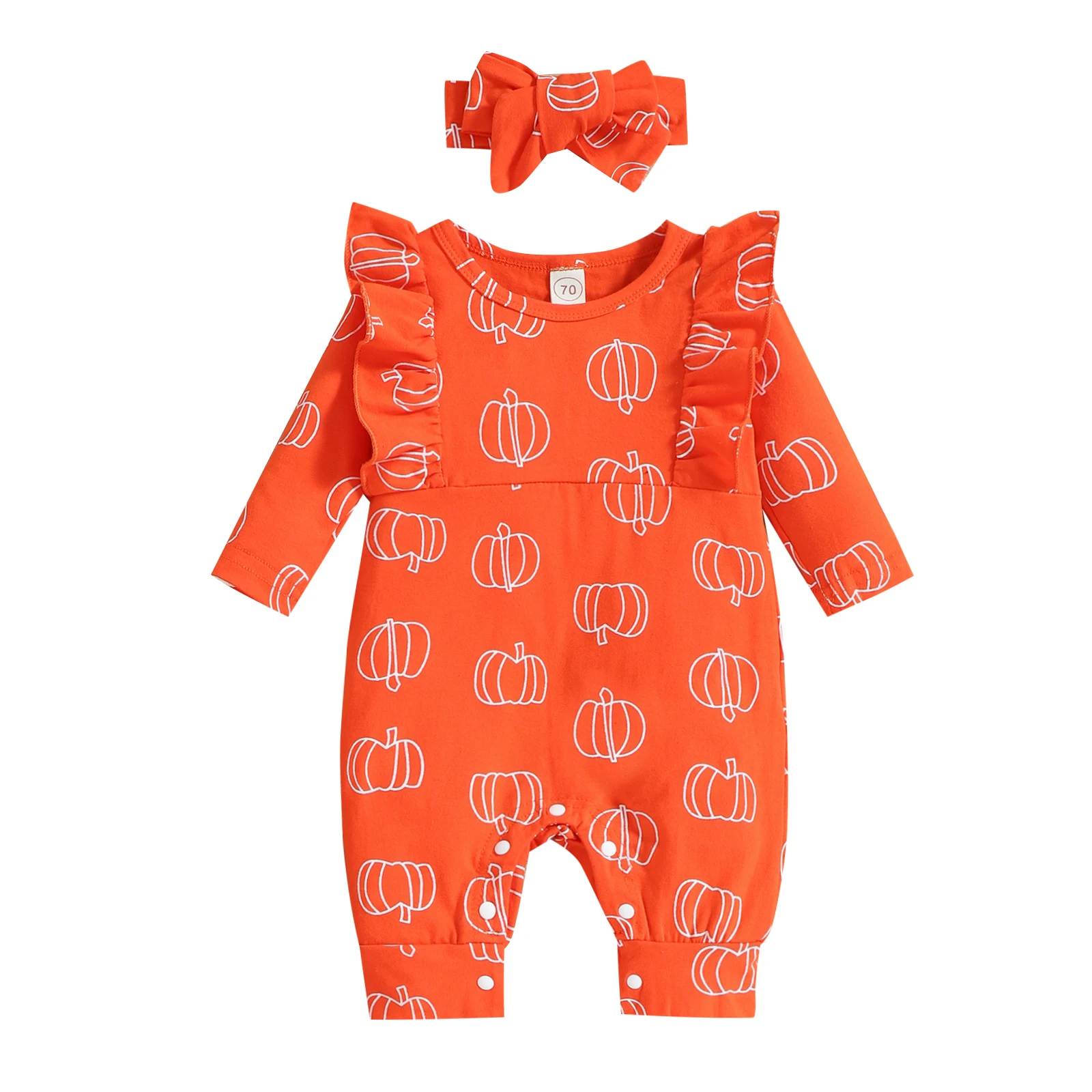 2022-07-07 Lioraitiin 0-18M Infant 2Pcs Baby Girl Halloween Outfit Pumpkin Print Ruffle Long Sleeve Jumpsuit + Hairband Set