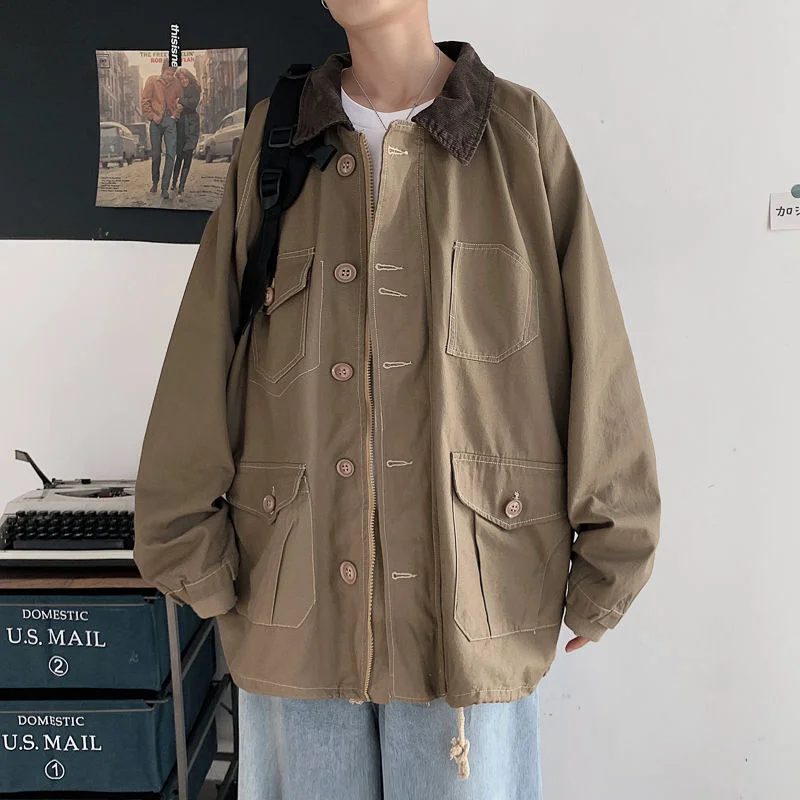 

Autumn Cotton Jacket Men Fashion Retro Multi-pocket Tooling Jackets Mens Streetwear Loose Hip-hop Bomber Jacket Men Outwear